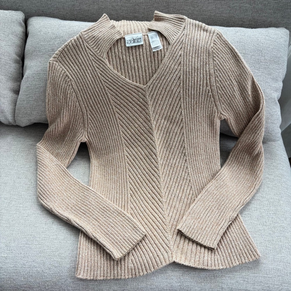 90s Vintage Villager Sport Sweater S Ribbed Knit V Neck Fall Boho Preppy Ski